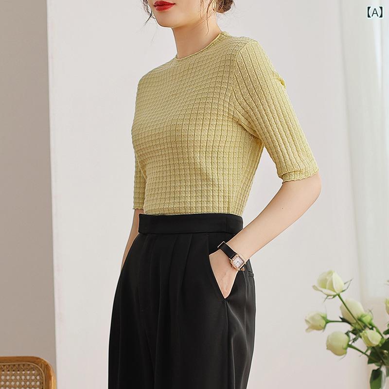 ニット レディース ワッフル柄 リブ編み プルオーバー 五分袖 ラウンドネック 丸首 ウール混 トップス 春夏 ゆったり ルーズ カジュアル きれいめ 通勤 オフィス エレガント 上品 イエロー クリーム