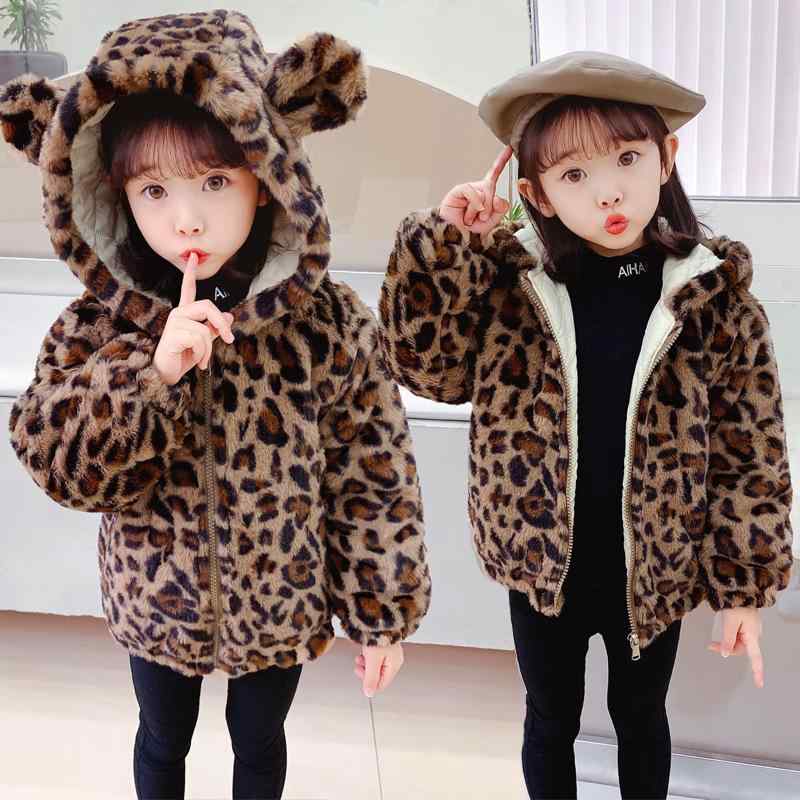 コート 女の子 ベビー キッズ 子供用 秋冬 フード付き 厚手 ヒョウ柄 ボア 中綿入り 暖かい 防寒 ジップアップ ショート丈 長袖 かわいい オシャレ 韓国風 ポリエステル アセテート