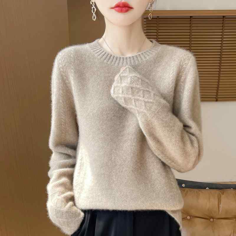 ニット レディース 秋冬 丸首 ウール プルオーバー 長袖 厚手 ワッフル編み 袖ひし形模様 上品 きれいめ 通勤 オフィス 普段使い 大人カジュアル 保温 防寒