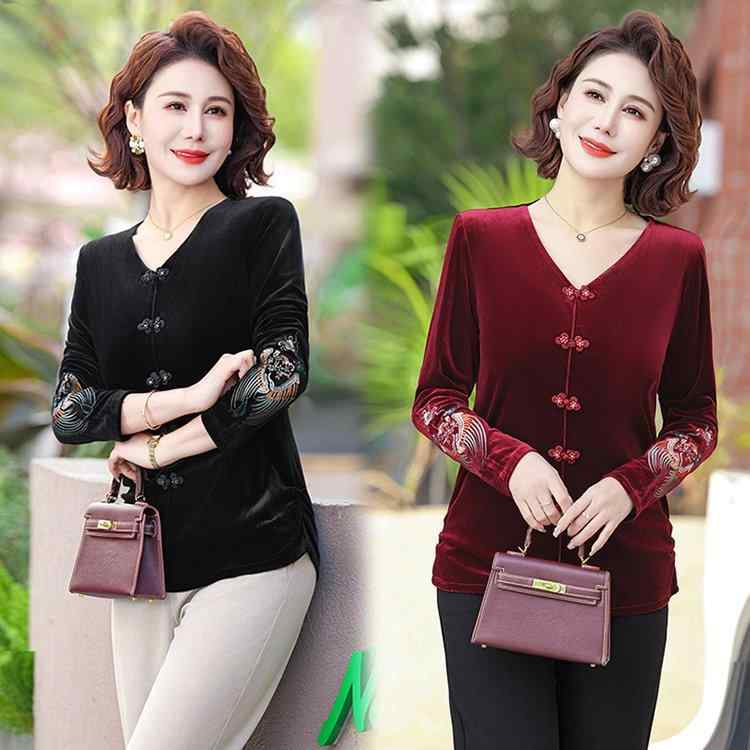 Tシャツ ミセス 婦人 レディース 中高年 長袖 ベロア トップス カットソー 上品 エレガント シンプル Vネック 春秋 インナー 重ね着 通勤 オフィス 普段使い