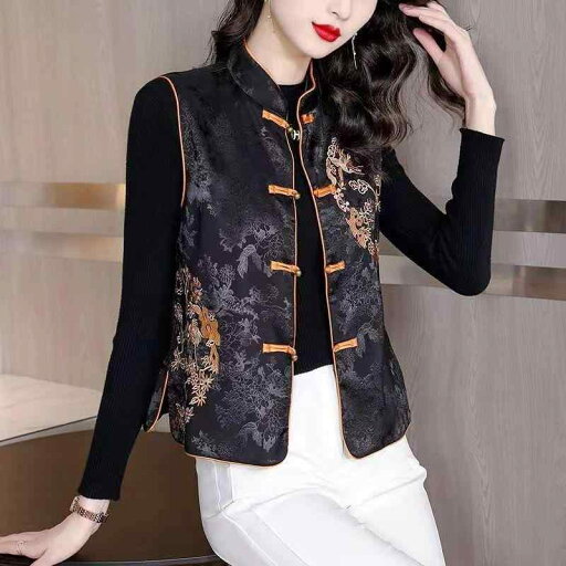 ベスト レディース 刺繍 中華風 ジレ レトロ クラシカル ショート丈 短め 着回し 万能 細見え ポリエステル ラウンドネック ブラック 春 普段使い お出かけ