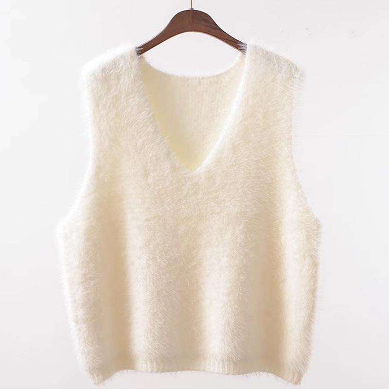 ニットベスト レディース ジレ ミンク風 フェイクファー Vネック ノースリーブ 無地 ゆったり ショート..