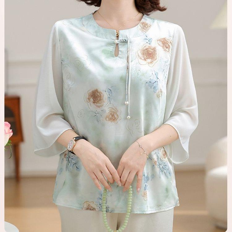 ブラウス レディース ミセス 婦人服 春夏 七分袖 ショート丈 薄手 プルオーバー 円領 プリント柄 ゆったり 体型カバー 普段使い カジュアル 上品 エレガント 若見え 洗練された 高見え ポリエステル トップス