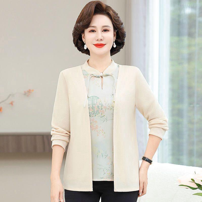 Tシャツ レディース ミセス 女性用 中国風 チャイナ風 長袖 トップス フェイクレイヤード 重ね着風 切り替え 刺繡 幾何学模様 レトロ エレガント 上品 ポリエステル ハイネック 普段使い お出かけ 春夏