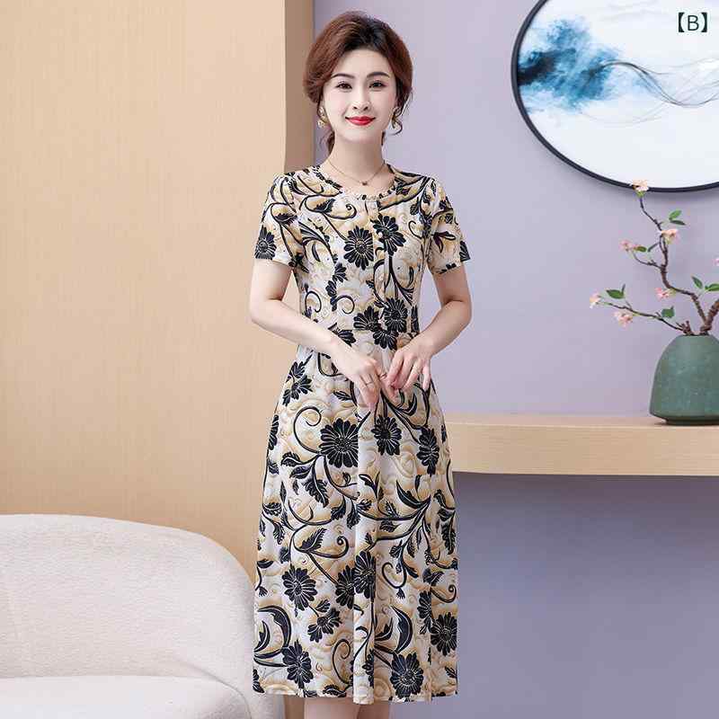 ワンピース レディース 接触冷感 春夏 半袖 ラウンドネック 小花柄 フラワー 切り替え ミディ丈 Aライン 体型カバー 細見え ポリエステル 大きいサイズ ゆったり 韓国ファッション