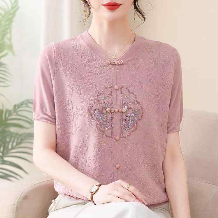 トップス レディース 女性用 ニットソー 春夏 薄手 Vネック 長袖 チャイナ風 ラインストーン装飾 スリムフィット ポリエステル 重ね着 上品