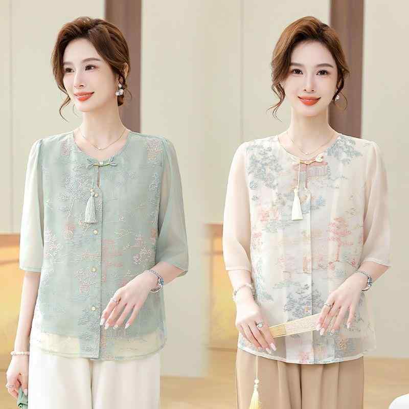 トップス レディース ミセス ママ向け 新中華風 チャイナ風 刺繡 開襟ブラウス カーディガン 羽織り 五分袖 ゆったりドルマン袖 ポリエステル 上品 エレガント レトロ 春夏 普段使い お出かけ