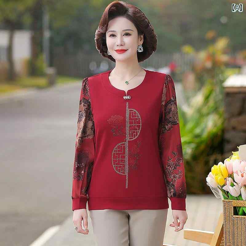 Tシャツ ミセス 婦人 40代 50代 春秋 中華風 長袖ブラウス カットソー おしゃれ エレガント 丸首 プリ..