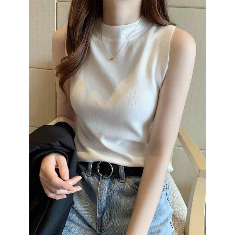 トップス レディース ニット キャミソール ベスト ハイネック インナー ショート丈 ノースリーブ スリ..