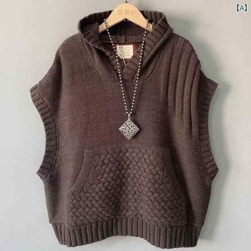 ニットベスト レディース 綿 コットン ドロップショルダー フード付き ケーブル編み ビッグポケット ジレ カジュアル ルーズ 韓国ファッション 秋冬