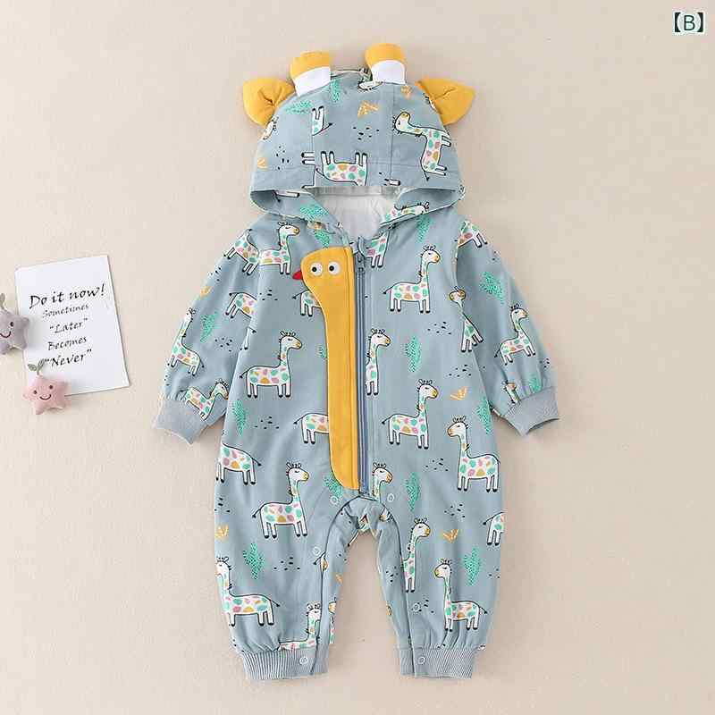 ロンパース ベビー 男の子 女の子 新生児 赤ちゃん カバーオール 春秋 フード付き キャラクター かわいい おしゃれ お出かけ コットン 長袖 ファスナー ベージュ ライトブルー 3