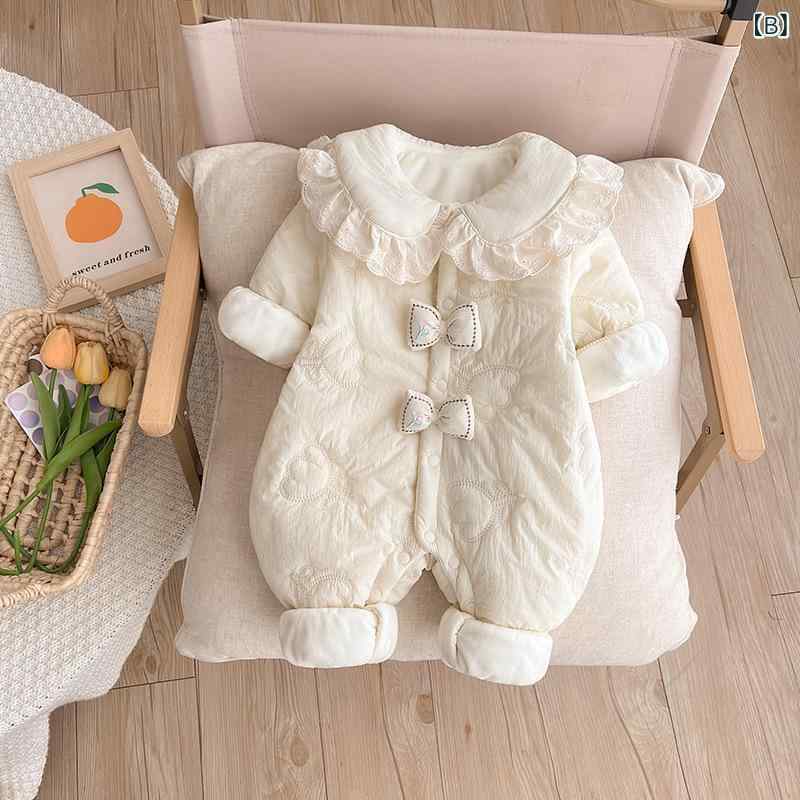 ロンパース 女の子 ベビー 幼児 秋冬 プリンセス風 かわいい リボン 中綿入り 裏起毛 厚手 暖かい 長袖 再生繊維 ピンク 白 カバーオール 普段使い お出かけ 80cm 90cm 100cm 3