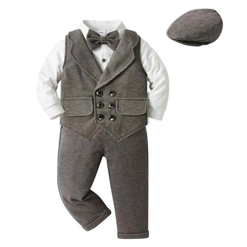 ベビー 男の子 フォーマルスーツ 4点セット ジャケット ベスト ロンパース パンツ 春秋 コットン グレ..