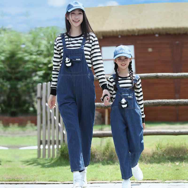 親子服 母娘 長袖 デニム サロペット オーバーオール セットアップ 綿 コットン プリント柄 かわいい ..