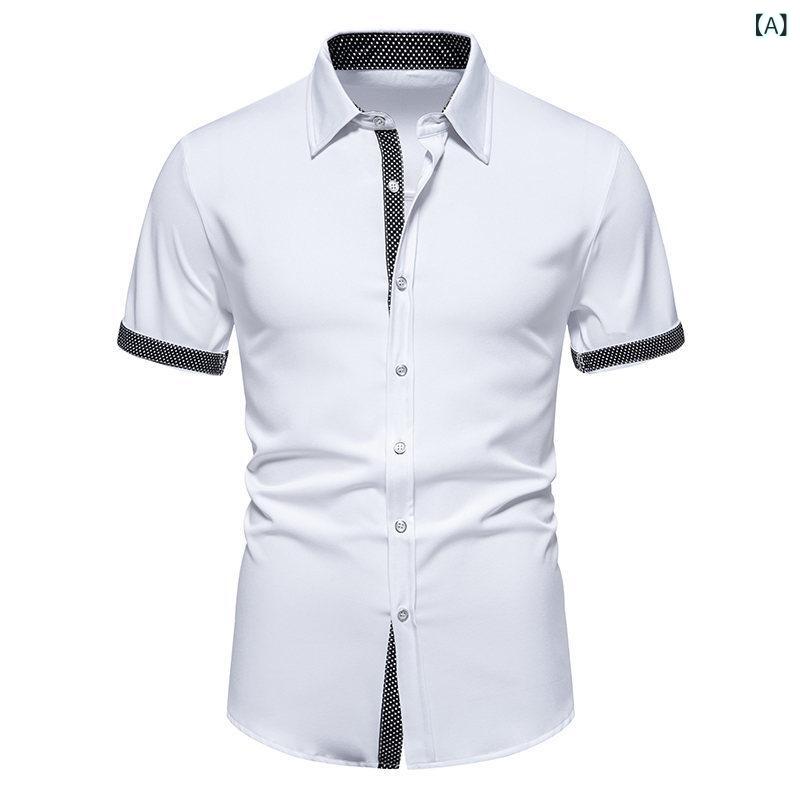 シャツ メンズ 男性用 ユース 春夏 半袖 ドット柄 切り替え 襟付き レギュラーフィット カジュアル 普段使い 休日コーデ スポーツミックス 綿混 ポリエステル 形態安定 シワになりにくい おしゃれ 爽やか ホワイト ブラック