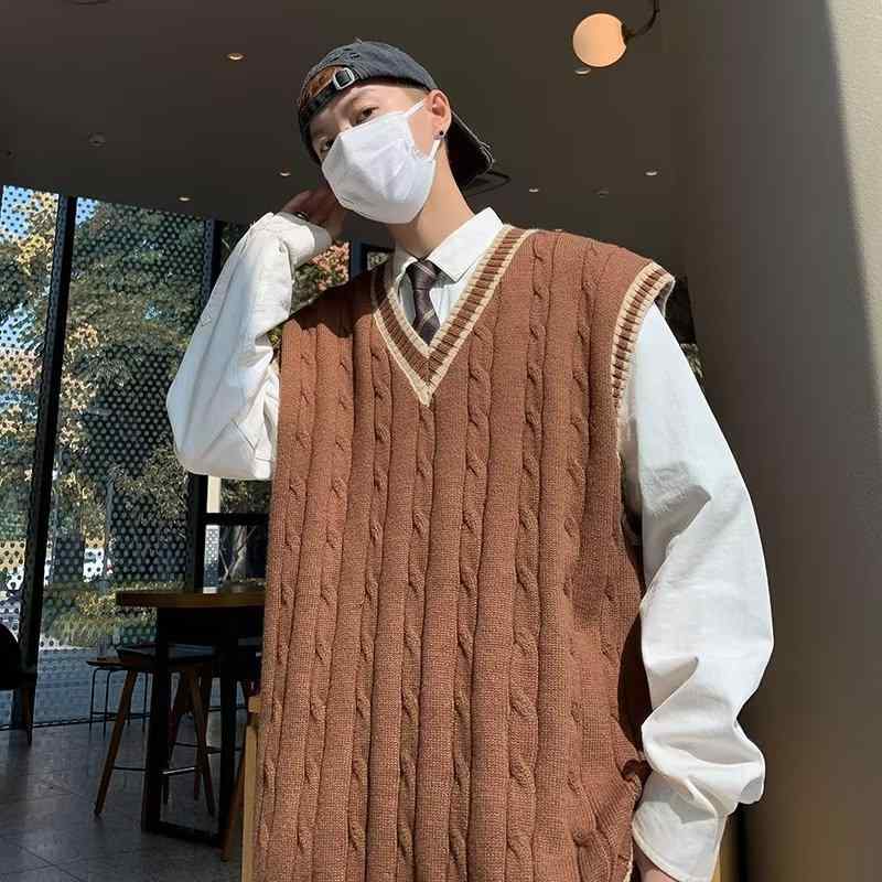 ニットベスト メンズ スクール風 Vネック アメカジ レトロ ゆったり ルーズフィット ノースリーブ プルオーバー 秋冬 綿混 ポリエステル イージーケア 普段使い ブラック アプリコット ブラウン