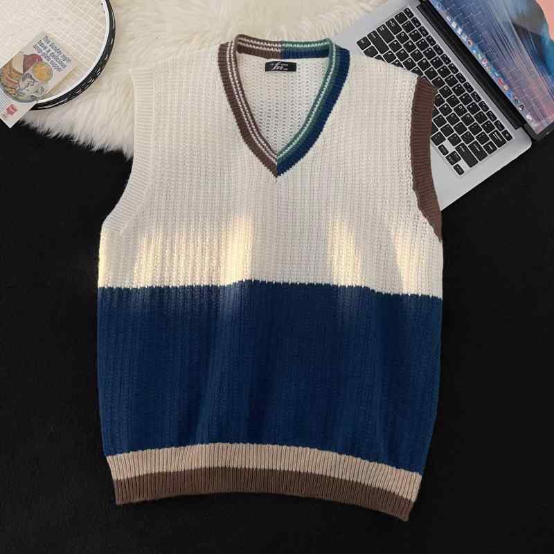 ニットベスト メンズ Vネック プルオーバー ノースリーブ 配色 切り替え カジュアル レトロ レイヤード カップル ゆったり オールシーズン 普段使い