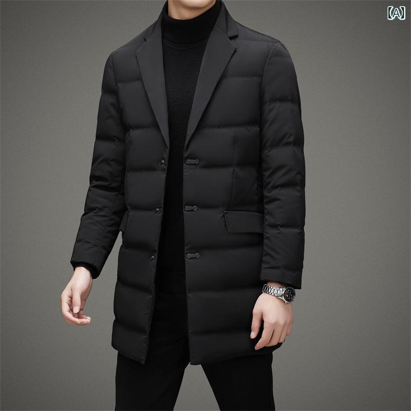 ダウンジャケット メンズ ビジネススーツスタイル ミドル丈 テーラードカラー ホワイトダックダウン 防水 防風 羽抜け防止 通勤 オフィス カジュアル 秋冬 アウター