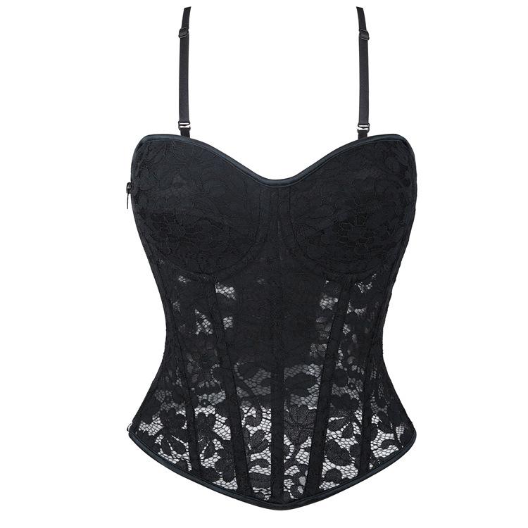 コルセット レディース セクシー レース メッシュ サイドジッパー ダブルストラップ スチールボーン 補正下着 ボディシェイパー ウエストシェイプ バストアップ...
