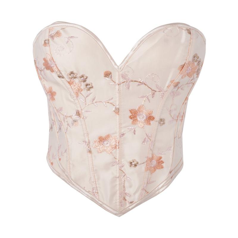 ビスチェ レディース アプリコットカラー 刺繍 花柄 ストラップレス ベアトップ ボーン入り バストアップ 盛りブラ 寄せ上げ 谷間メイク ウエストシェイプ く...