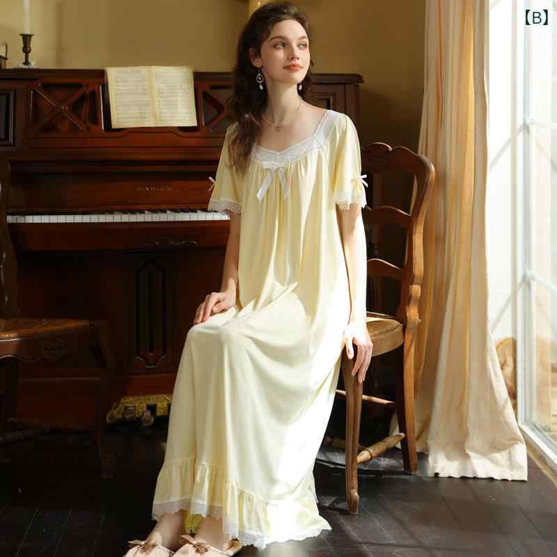 ネグリジェ 女の子用 半袖 宮廷風 プリンセス フレンチ レトロ かわいい ゆったり ロング丈 パジャマ ルームウェア 部屋着 綿 コットン 薄手 接触冷感 通気性 快適 スクエアネック 白 黄 青 ピンク 夏 サマー おうち時間 リラックス 3