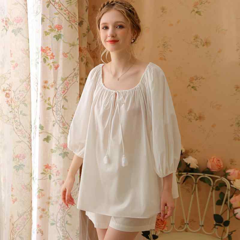 パジャマ レディース 春夏 コットン 綿 薄手 軽量 快適 ソフト フレンチ 七分袖 ショートパンツ ゆったり ルーズ ルームウェア 部屋着 ワンマイルウェア 上下セット セットアップ 通気性 涼しい かわいい スウィート 白 ホワイト
