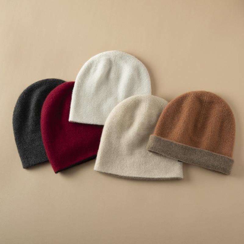 ニット帽 レディース 100% カシミヤ 秋冬 リバーシブル 防寒 保温 シンプル ベーシック カジュアル エレガント 高級感