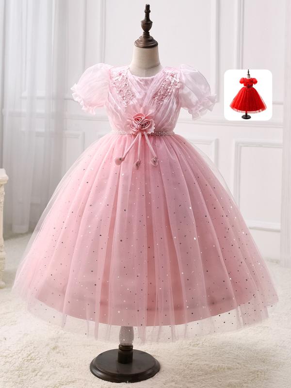 ワンピース キッズ 女の子 夏 プリンセス パフスリーブ スパンコール ローズ チュール フォーマル ドレス 誕生日 発表会 結婚式 ポリエステル 赤 ピンク
