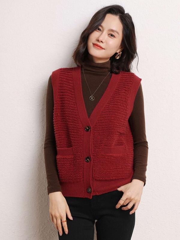 ベスト ジレ レディース カシミヤ100% 秋冬 Vネック タオル刺繍 ニット ボタン 通勤 オフィス 暖かい ..