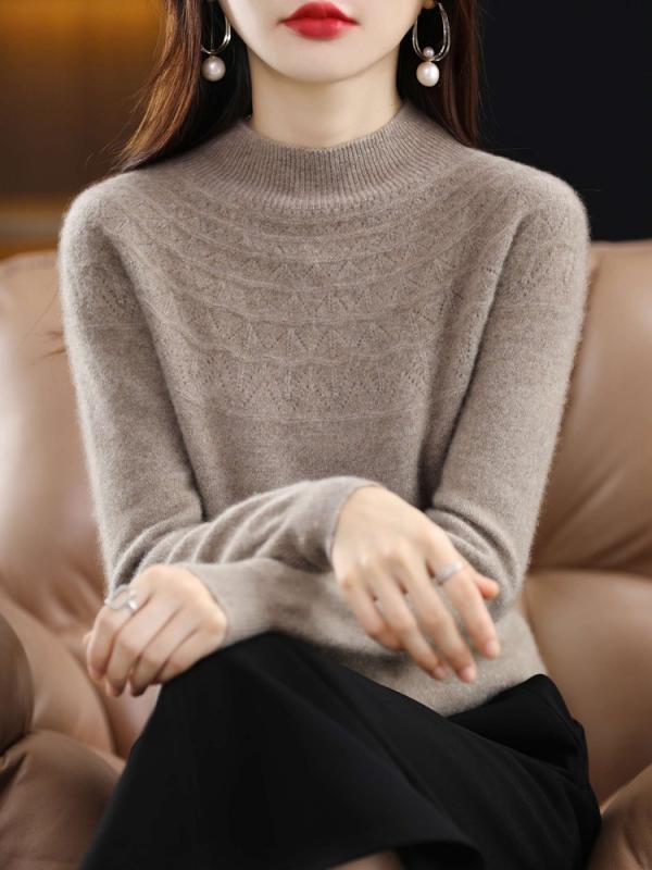 ニット レディース 上質 ウール100% ハイネック 透かし編み 長袖 プルオーバー ゆったり ルーズ 無地 ..