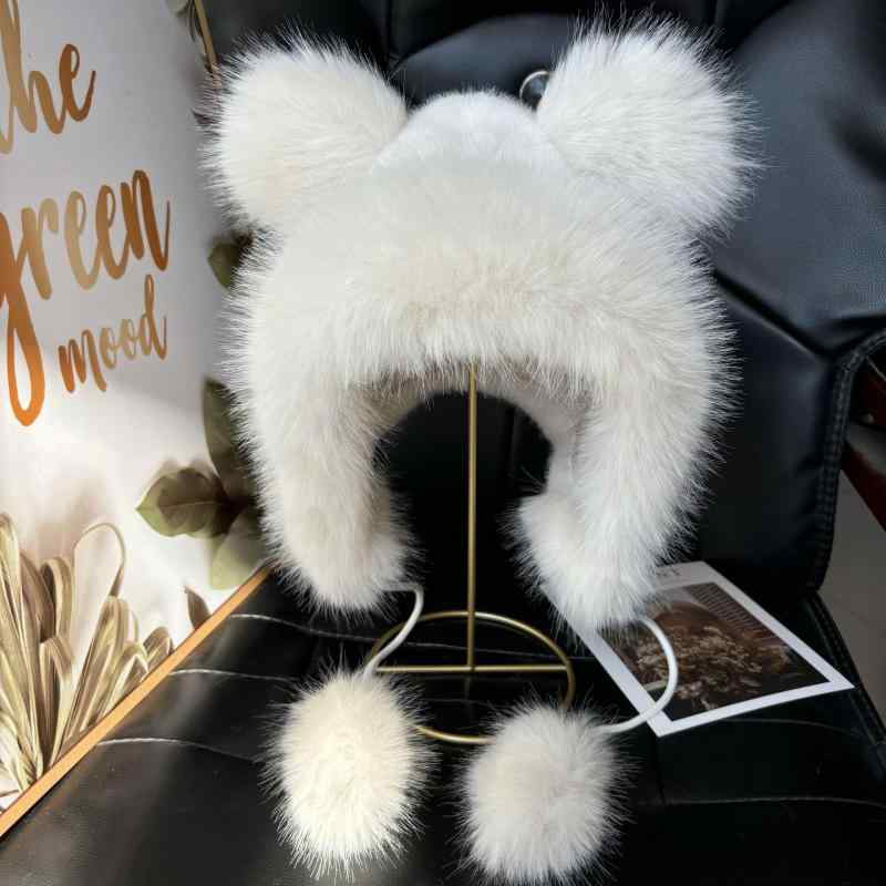 ハット レディース もこもこ クマ耳 フェイクミンクファー ロシア帽 フライトキャップ 耳当て 防寒 小顔効果 秋冬 普段使い かわいい キュート(4)