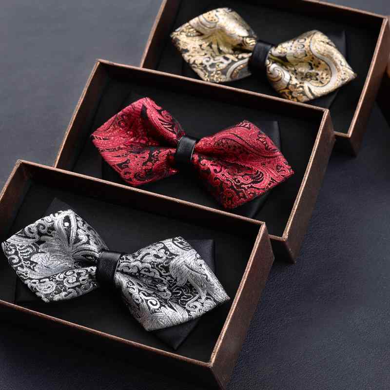 蝶ネクタイ メンズ ダブルレイヤー 男性用 フォーマル 結婚式 ウェディング ブライダル 披露宴 二次会 パーティー 礼服 ブリティッシュ 英国風 ポインテッド レザー調 金糸 ジャカード織り ポリエステル ボウタイ 高級感