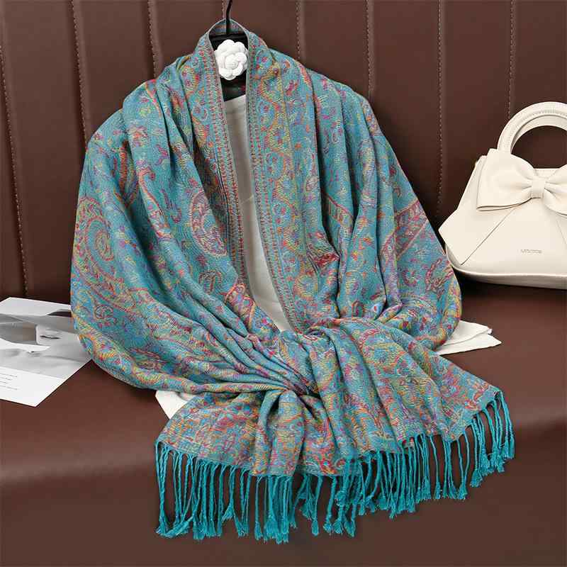 ストール レディース 薄手 保温 エスニック柄 ジャカード ロングタッセル 大判ショール 秋冬 ファッシ..