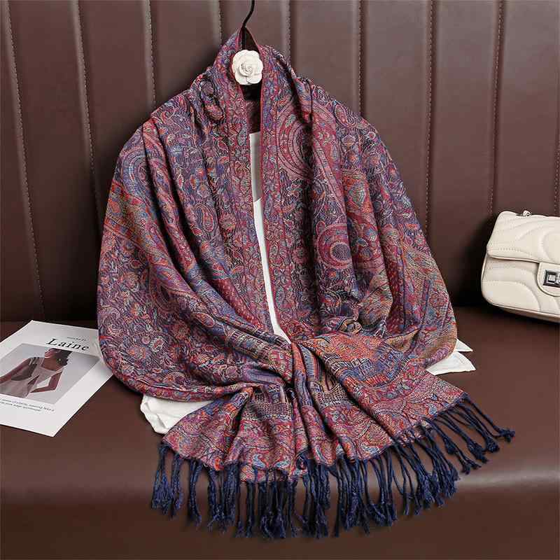 ストール レディース 秋冬 ペイズリー ジャガード キャッスル柄 お城柄 ロング丈 フリンジ あたたかい ..