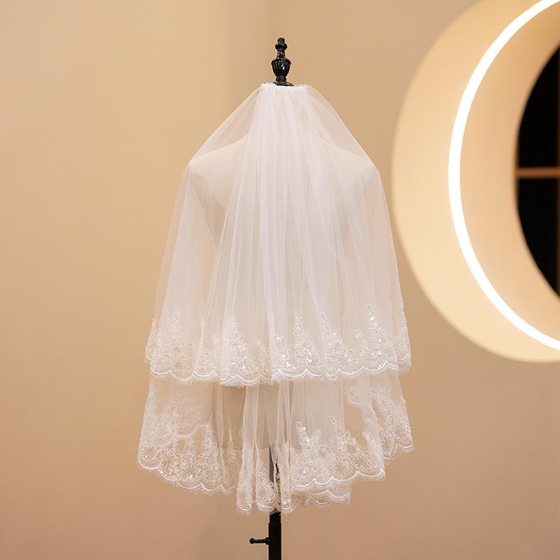 ウェディングベール レディース 花嫁ベール 2層 二重 ソフトチュール 金属コーム付き スパンコールレー..