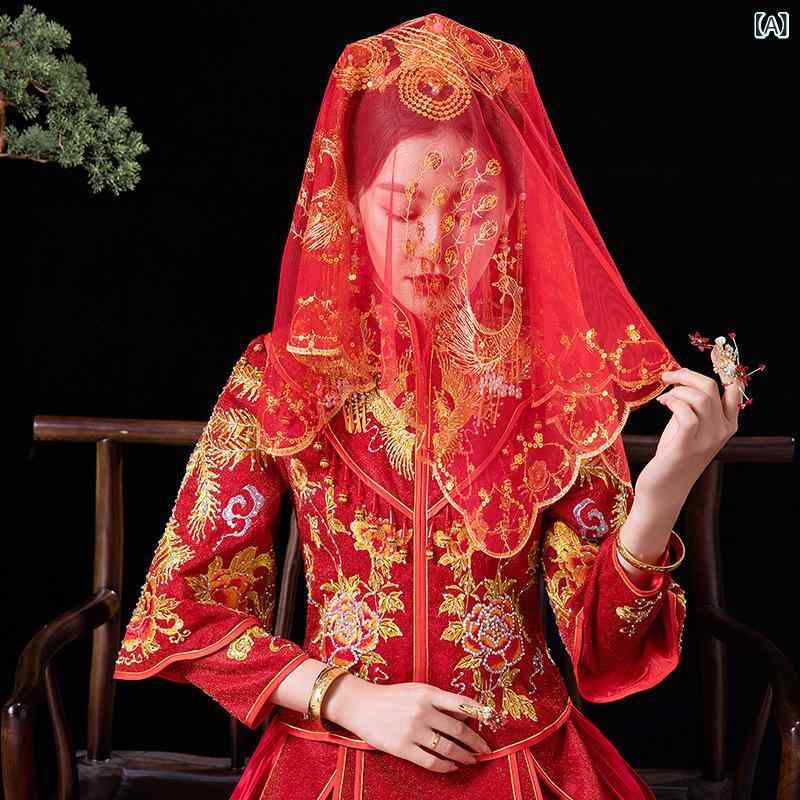 ヘッドベール レディース 花嫁 ブライダル ウェディング 赤 レッド 中国風 中華風 伝統 シアー チュー..