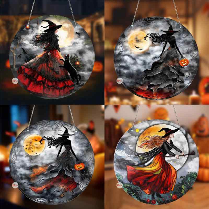 ハロウィンオーナメント 月夜 魔女 クール アクリル 平面 ガーデン 庭園 パーティー イベント ユニーク 印刷デザイン 吊り下げチェーン(x2)