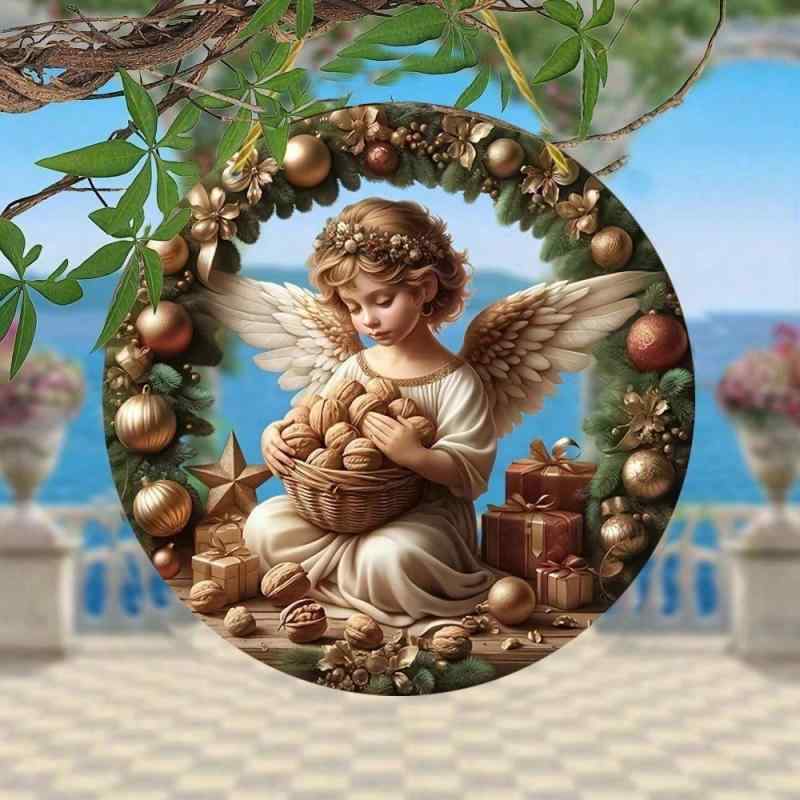 ガーデンオーナメント アクリル製 天使モチーフ 羽根付き くるみを抱えた子供 丸型 かわいい おしゃれ 玄関 屋外 吊り下げ デコレーション ゴールド紐付き(x2)