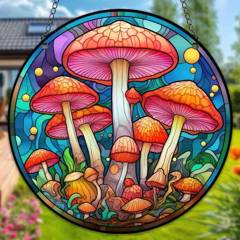 ウォールデコレーション カラフル キノコ ガラス アクリル ステンドグラス風 窓用 壁掛け 吊り飾り お..