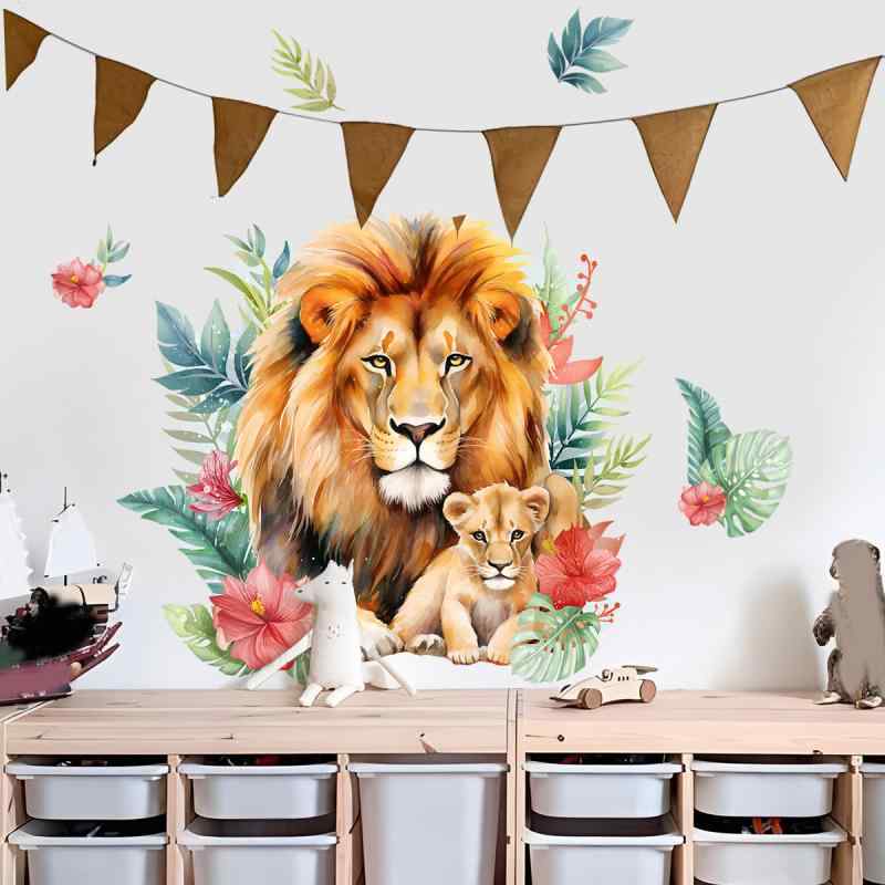 ウォールステッカー アニメーション リアル ライオン 森林柄 リビング 寝室 子供部屋 背景装飾 壁紙シ..