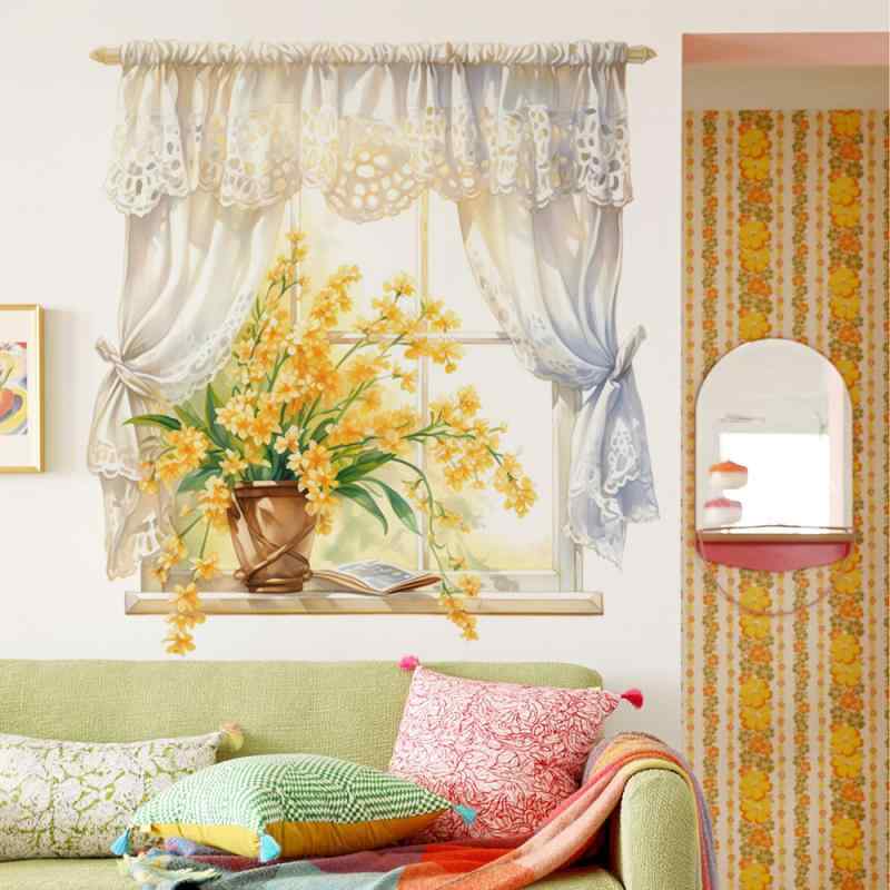 ウォールステッカー シンプル モダン ローマンシェード風 花 植木鉢 リビング ベランダ アクセントウォ..