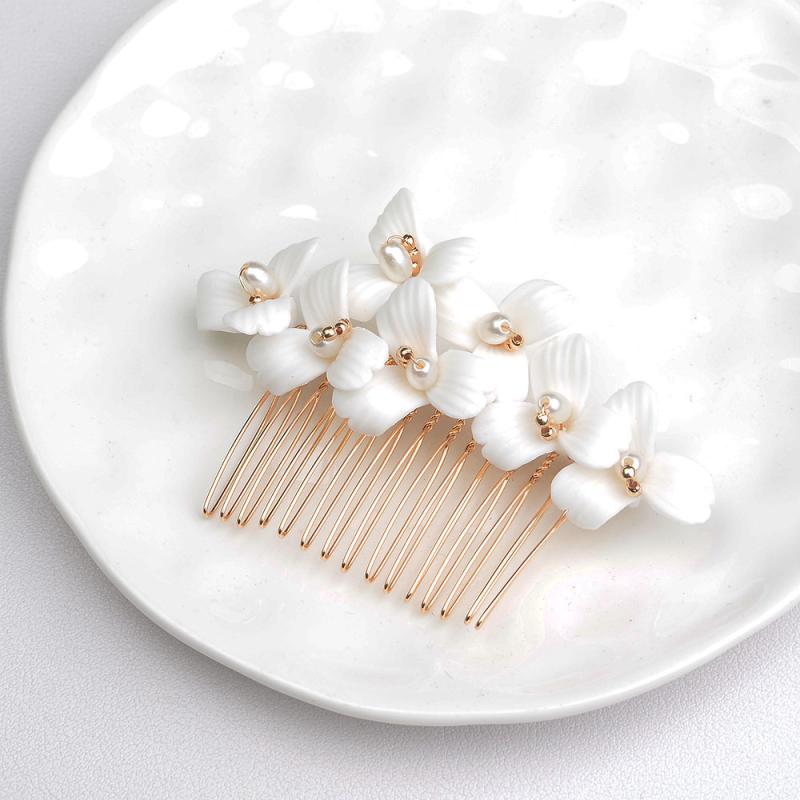 ヘアコーム レディース 欧風 陶器製 花モチーフ 白い花柄 クリスタル装飾 花嫁 ブライダル ウェディング ヘッドドレス 髪飾り アクセサリー セット 手作り ハンドメイド かんざし(x2)