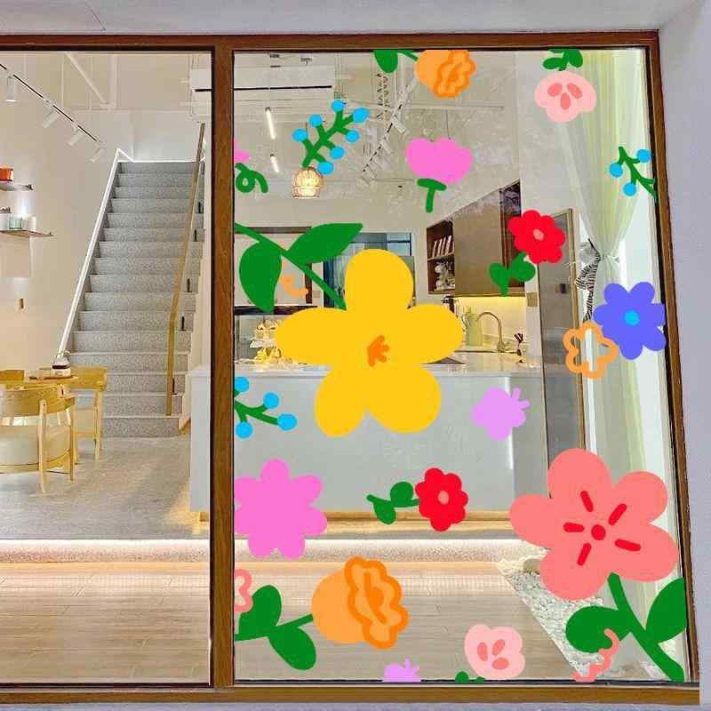 ウォールステッカー インスタ風 インスタ映え さわやか かわいい 小花柄 フラワー キャラクター イラスト デコレーションシール 店舗 花屋 アパレル 飲食店 カフェ ガラス窓 ショーウィンドウ PVC 貼り付け簡単
