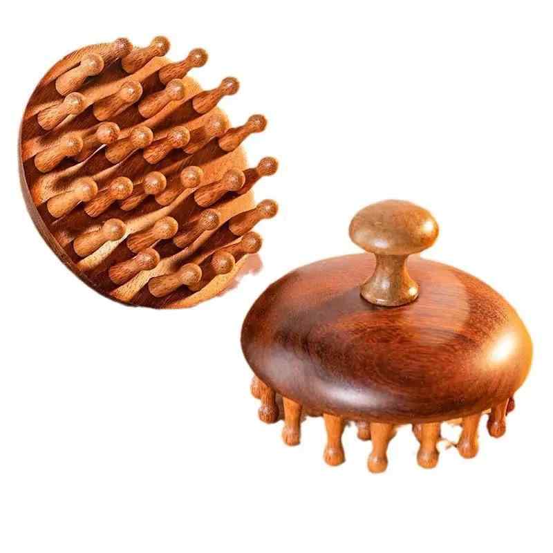 マッサージブラシ 男女兼用 檀木製 天然木 円盤型 28本櫛歯 頭皮マッサージ 経絡 ツボ押し 頭部 血行促進 育毛 養毛 美髪 スカルプケア リラックス 頭皮ブラシ