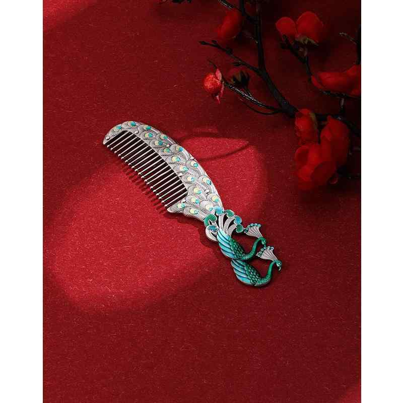 ヘアアクセサリー レディース 女性用 純銀製 シルバー999 櫛 ヘアコーム 手作り ハンドメイド 孔雀モチーフ 七宝焼 エナメル カラフル 多色 頭皮ケア 頭皮マッサージ用 上品な 髪飾り