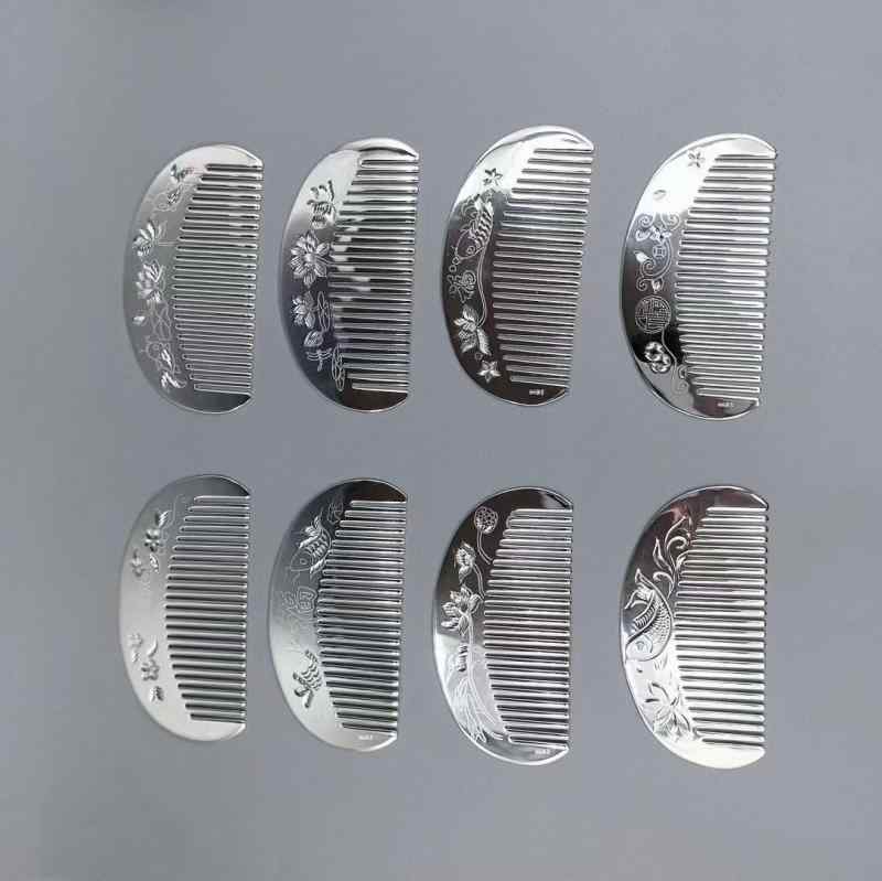 櫛 女性用 純銀製 彫刻 花柄 雪の結晶模様 半円形 持ち手なし 頭皮ケア スカルプケア マッサージコーム..