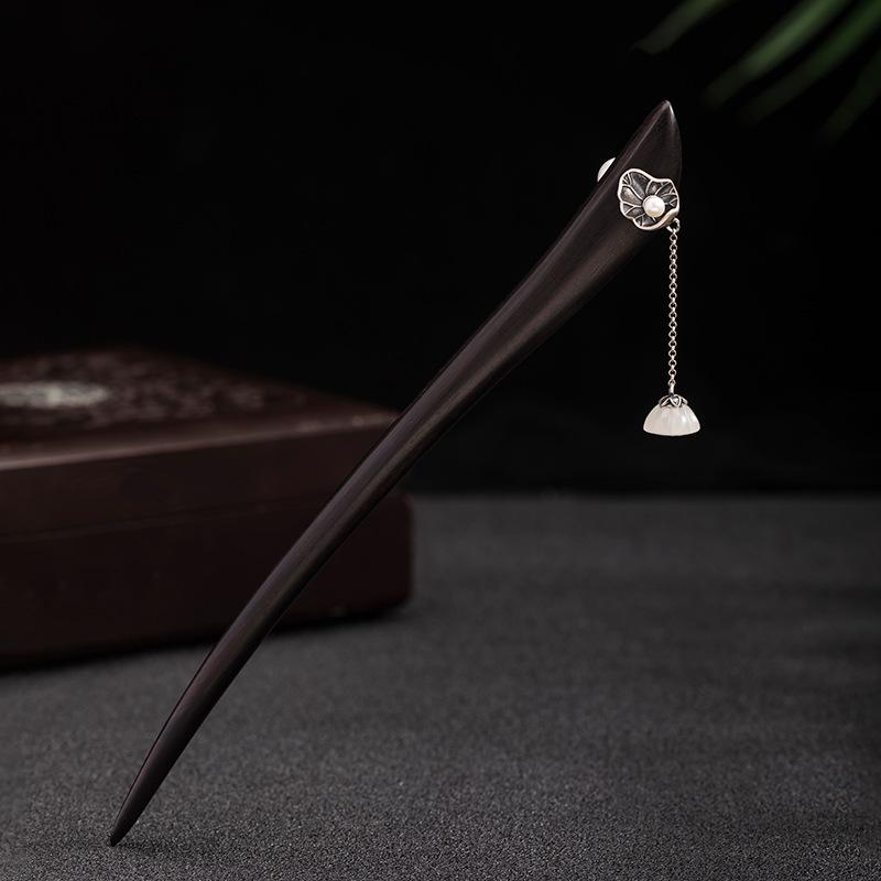 簪 925シルバー 黒檀 和田玉 高級感 蓮の葉 蓮の実モチーフ 和風 レトロ アンティーク調 歩揺 ゆらゆら..