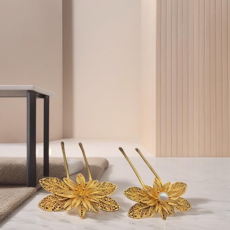 簪 レディース 古風 純銀 金メッキ 花柄 フィリグリー 象嵌細工 髪飾り 中国風 漢服 和装 フォーマル イベント 高級感