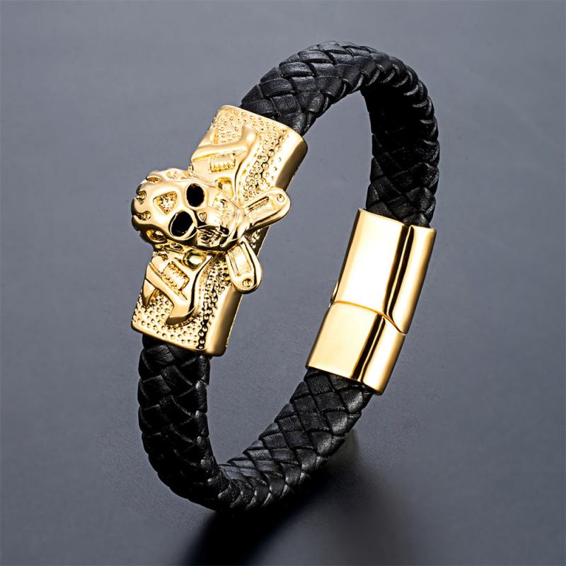 ブレスレット メンズ スカル ドクロ 本革 レザー 韓国風 ファッション おしゃれ 個性的 万能 バングル 腕輪 男女兼用 カジュアル シンプル 普段使い アクセサリー 電気メッキ加工 幾何学模様(x2)