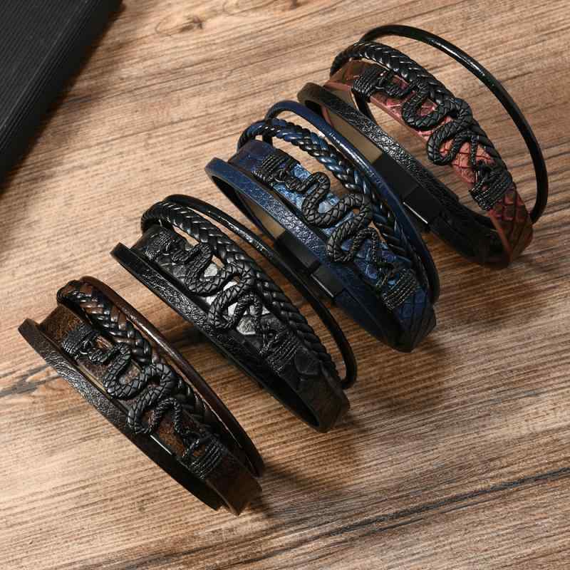 ブレスレット メンズ レトロ 欧米風 多層 レザー 革 ハンドメイド 編み込み 個性的 合金 ヘビ スネークモチーフ 腕輪 バングル ブラウン ブラック ブルー 普段使い カジュアル